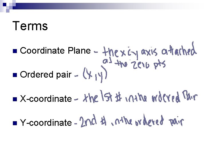 Terms n Coordinate Plane n Ordered pair n X-coordinate n Y-coordinate 