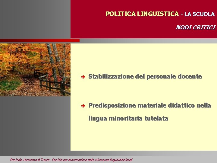 POLITICA LINGUISTICA - LA SCUOLA NODI CRITICI è Stabilizzazione del personale docente è Predisposizione