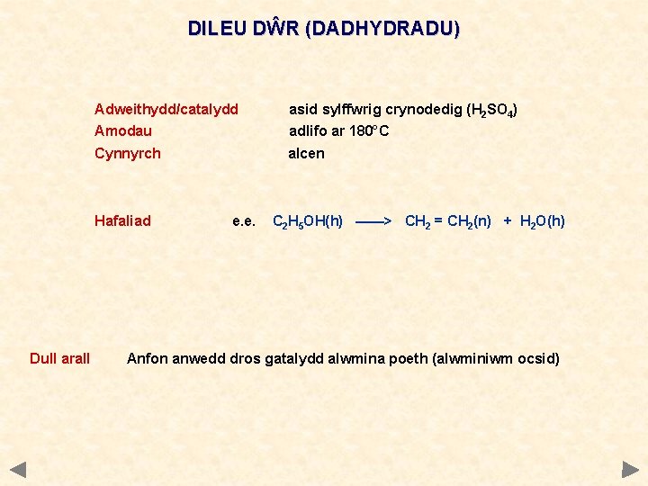 DILEU DŴR (DADHYDRADU) Adweithydd/catalydd asid sylffwrig crynodedig (H 2 SO 4) Amodau adlifo ar