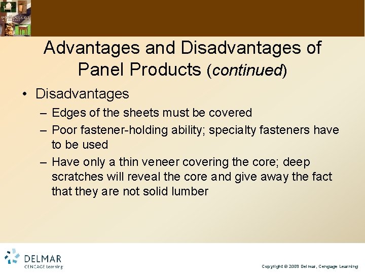 Advantages and Disadvantages of Panel Products (continued) • Disadvantages – Edges of the sheets