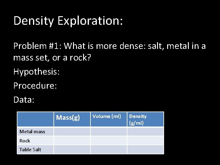 Density Exploration: Problem #1: What is more dense: salt, metal in a mass set,