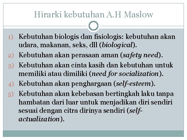 Hirarki kebutuhan A. H Maslow 1) Kebutuhan biologis dan fisiologis: kebutuhan akan 2) 3)