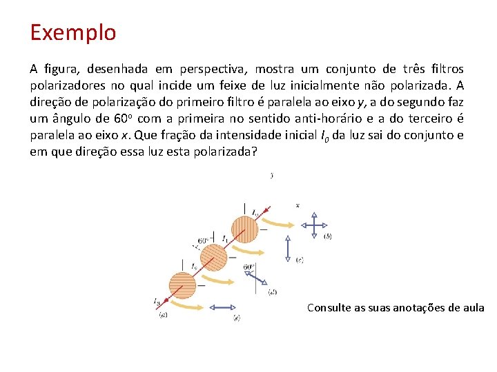 Exemplo A figura, desenhada em perspectiva, mostra um conjunto de três filtros polarizadores no