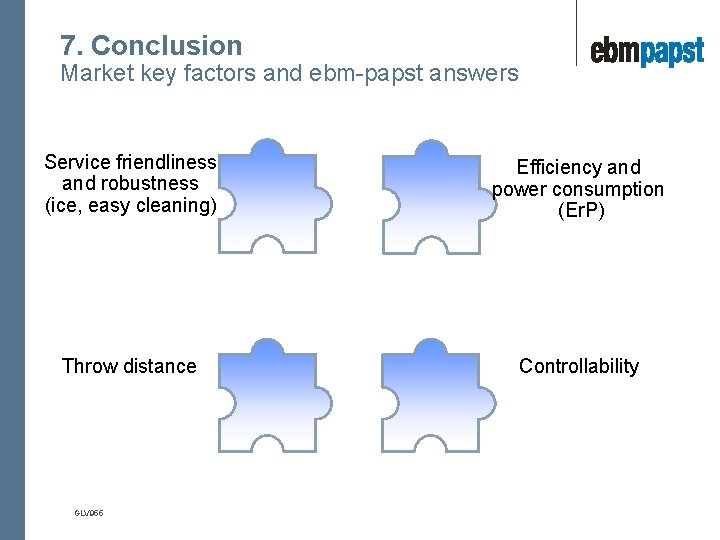 7. Conclusion Market key factors and ebm-papst answers Service friendliness and robustness (ice, easy