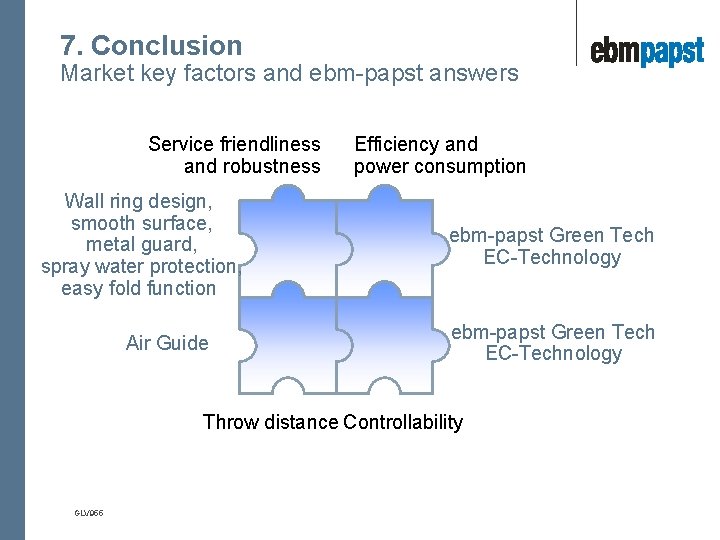 7. Conclusion Market key factors and ebm-papst answers Service friendliness and robustness Wall ring