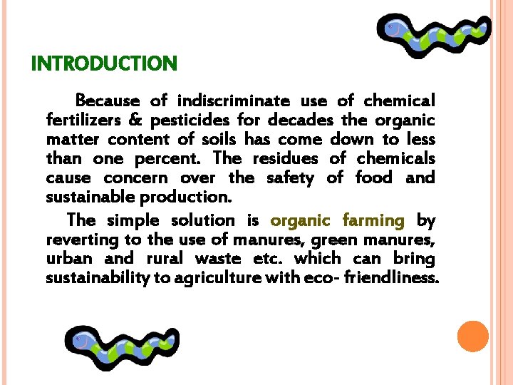 INTRODUCTION Because of indiscriminate use of chemical fertilizers & pesticides for decades the organic