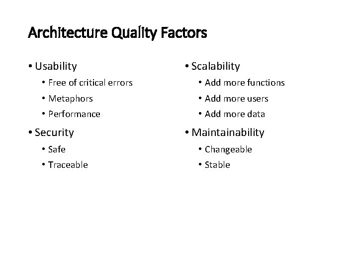 Architecture Quality Factors • Usability • Scalability • Free of critical errors • Add