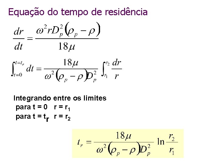 Equação do tempo de residência Integrando entre os limites para t = 0 r