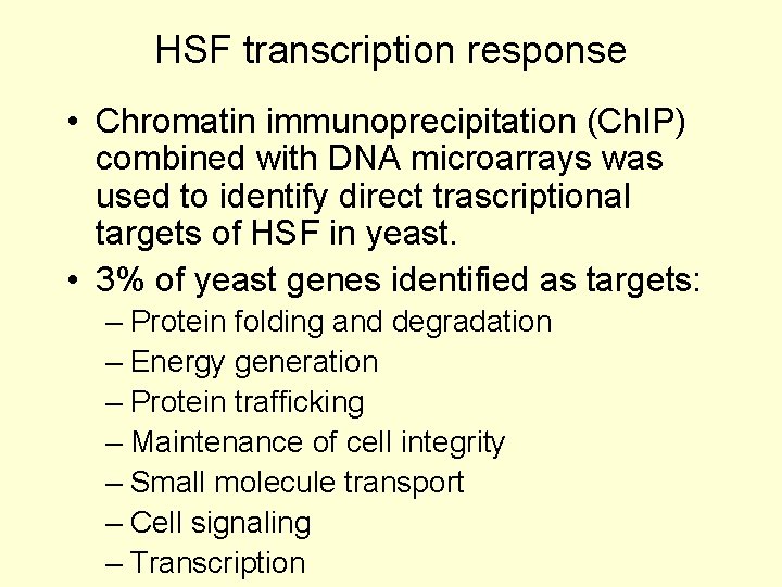 HSF transcription response • Chromatin immunoprecipitation (Ch. IP) combined with DNA microarrays was used