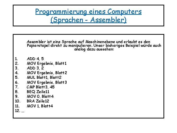 Programmierung eines Computers (Sprachen - Assembler) Assembler ist eine Sprache auf Maschinenebene und erlaubt