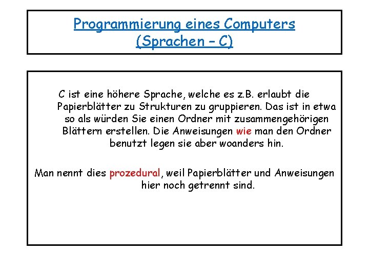 Programmierung eines Computers (Sprachen – C) C ist eine höhere Sprache, welche es z.