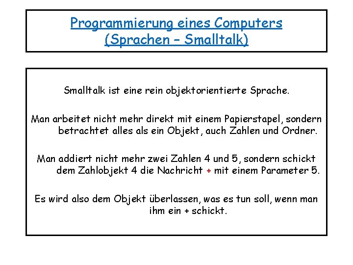 Programmierung eines Computers (Sprachen – Smalltalk) Smalltalk ist eine rein objektorientierte Sprache. Man arbeitet