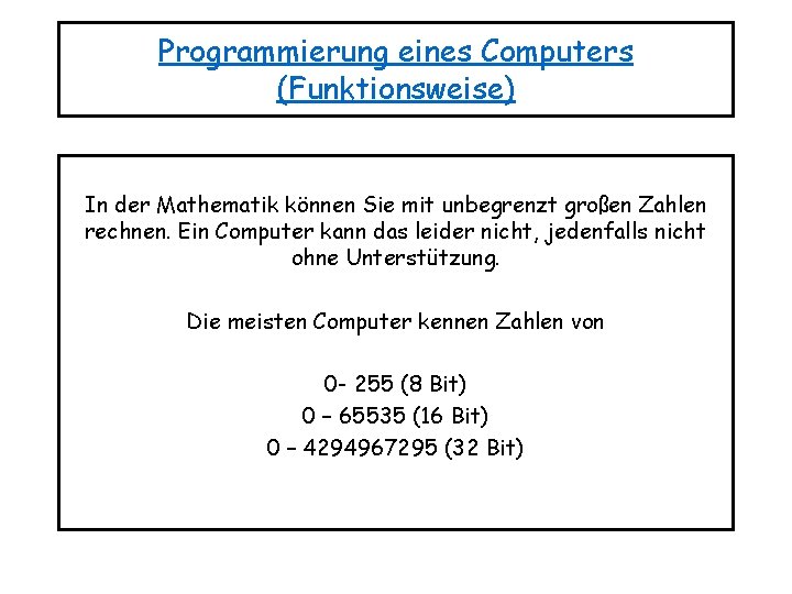 Programmierung eines Computers (Funktionsweise) In der Mathematik können Sie mit unbegrenzt großen Zahlen rechnen.