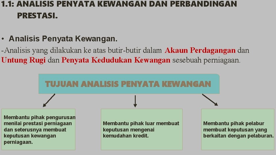 1. 1: ANALISIS PENYATA KEWANGAN DAN PERBANDINGAN PRESTASI. • Analisis Penyata Kewangan. -Analisis yang