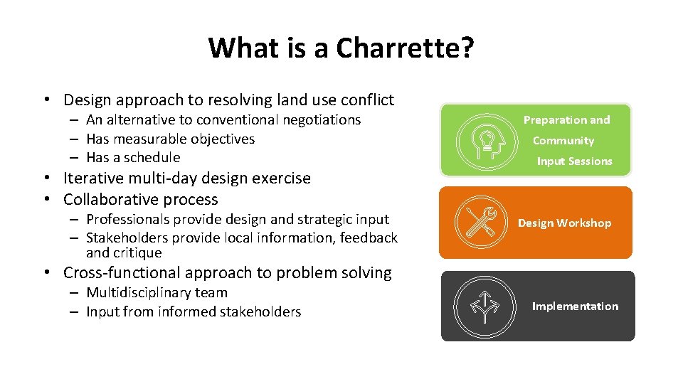 What is a Charrette? • Design approach to resolving land use conflict – An