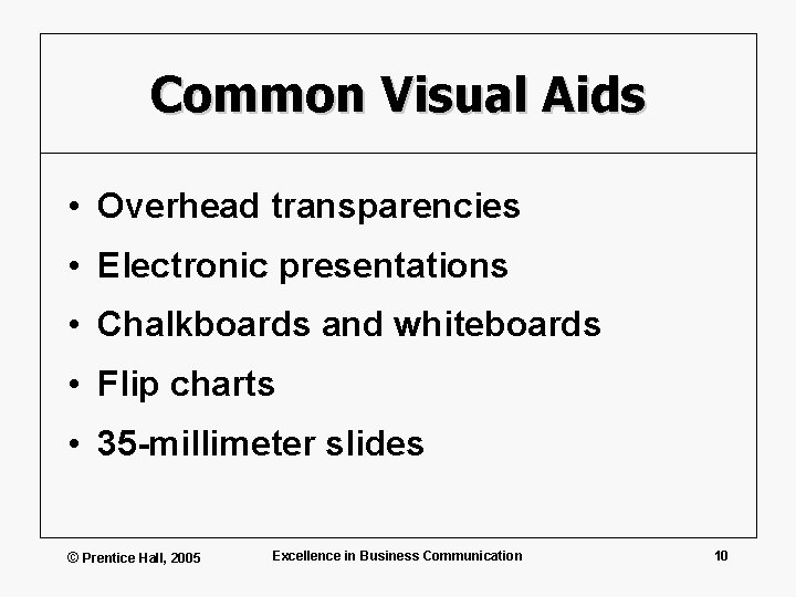 Common Visual Aids • Overhead transparencies • Electronic presentations • Chalkboards and whiteboards •