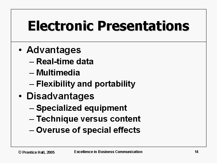 Electronic Presentations • Advantages – Real-time data – Multimedia – Flexibility and portability •