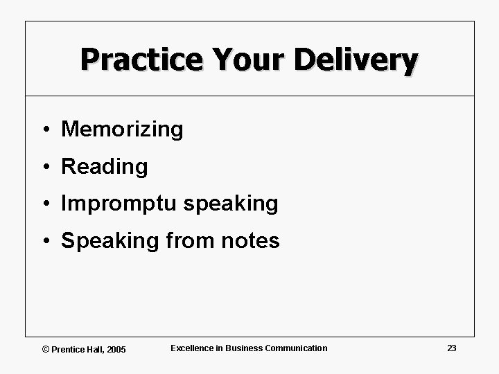 Practice Your Delivery • Memorizing • Reading • Impromptu speaking • Speaking from notes