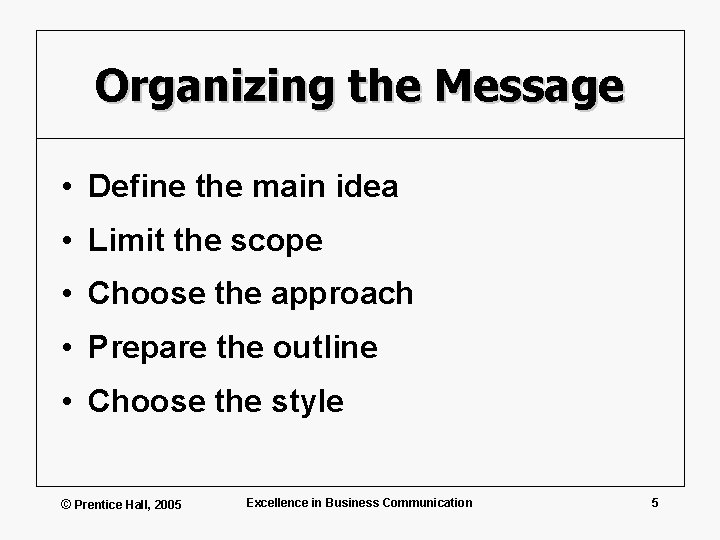 Organizing the Message • Define the main idea • Limit the scope • Choose