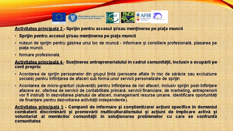 Activitatea principală 3 - Sprijin pentru accesul și/sau menținerea pe piața muncii • Sprijin
