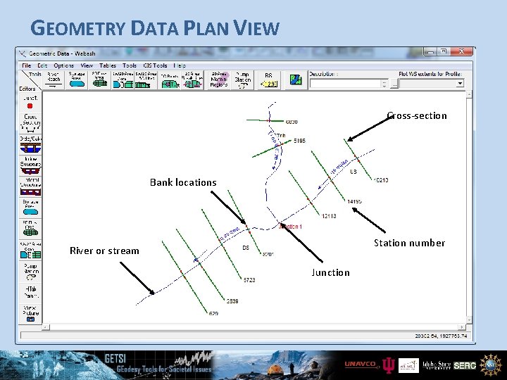 GEOMETRY DATA PLAN VIEW Cross-section Bank locations Station number River or stream Junction 