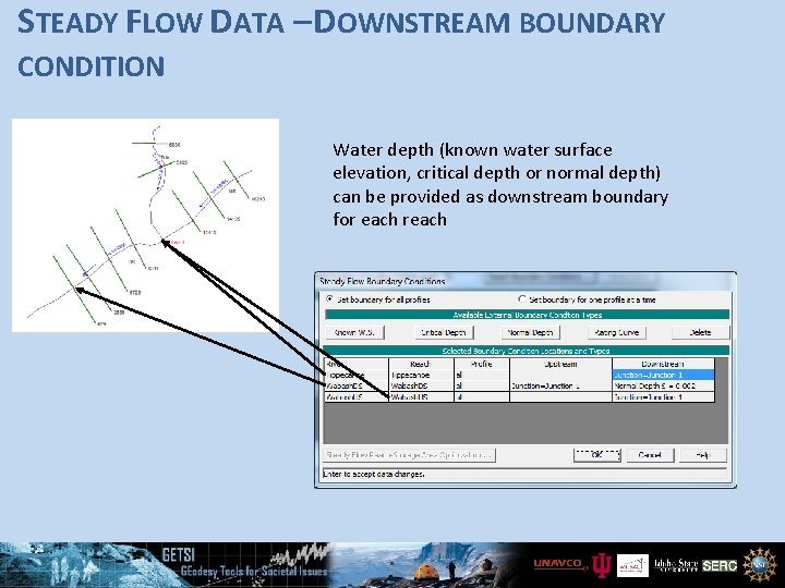 STEADY FLOW DATA – DOWNSTREAM BOUNDARY CONDITION Water depth (known water surface elevation, critical