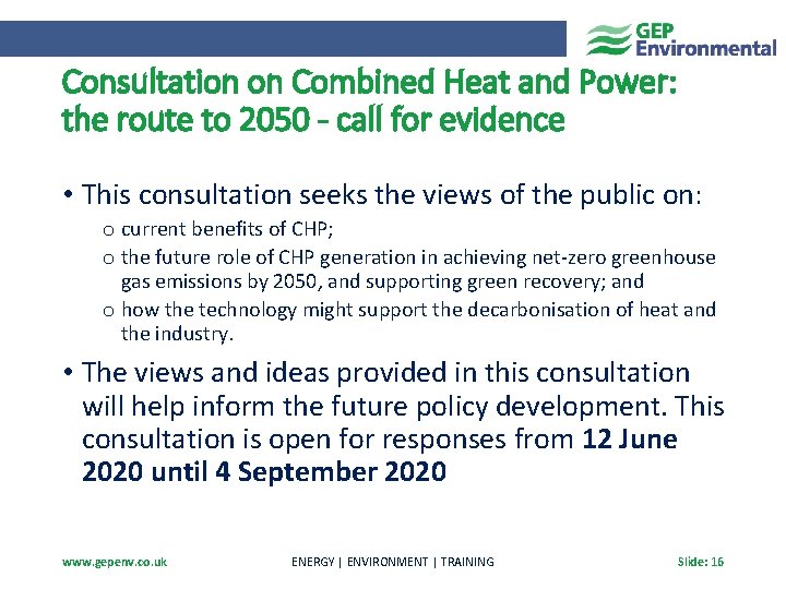 Consultation on Combined Heat and Power: the route to 2050 - call for evidence