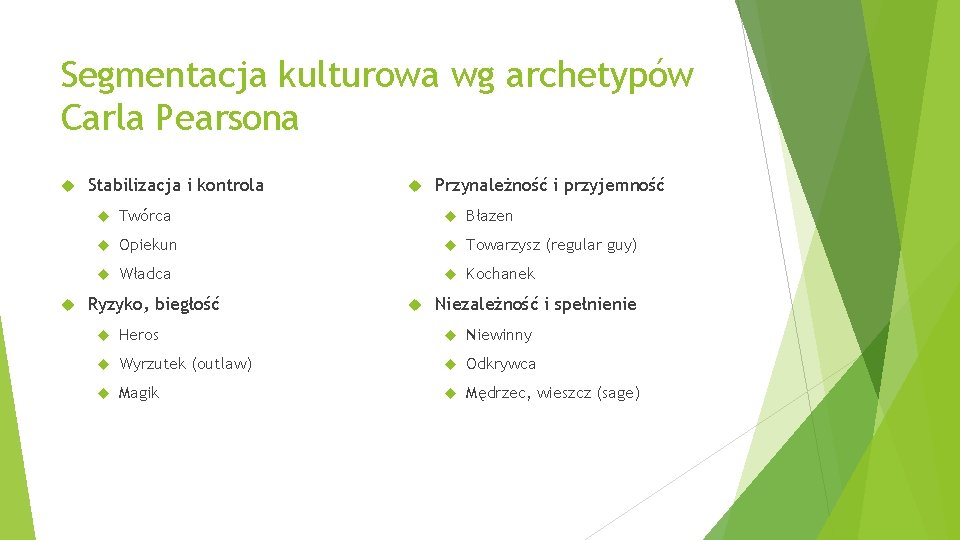 Segmentacja kulturowa wg archetypów Carla Pearsona Stabilizacja i kontrola Przynależność i przyjemność Twórca Błazen