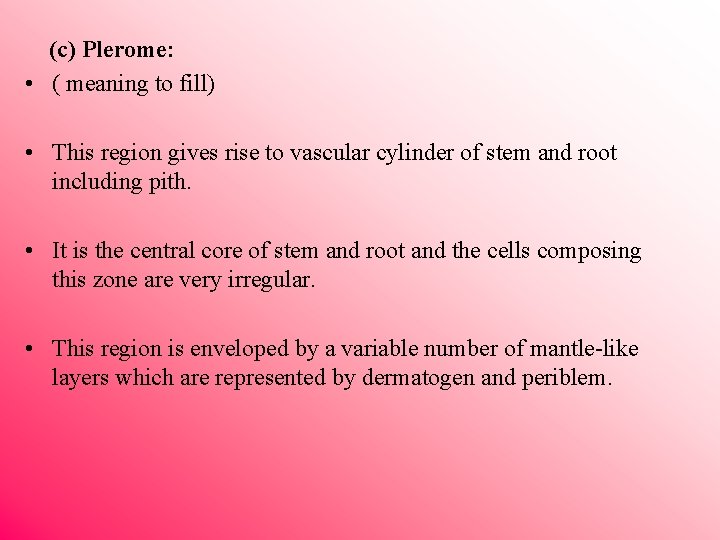  (c) Plerome: • ( meaning to fill) • This region gives rise to