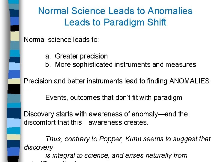 Normal Science Leads to Anomalies Leads to Paradigm Shift Normal science leads to: a.