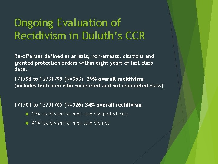 Ongoing Evaluation of Recidivism in Duluth’s CCR Re-offenses defined as arrests, non-arrests, citations and