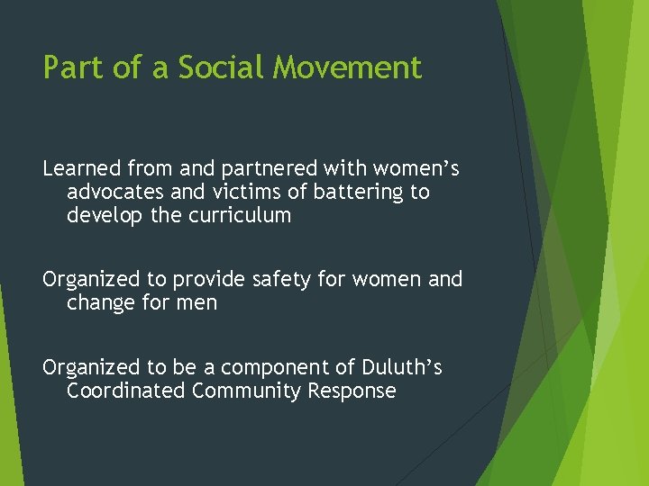 Part of a Social Movement Learned from and partnered with women’s advocates and victims