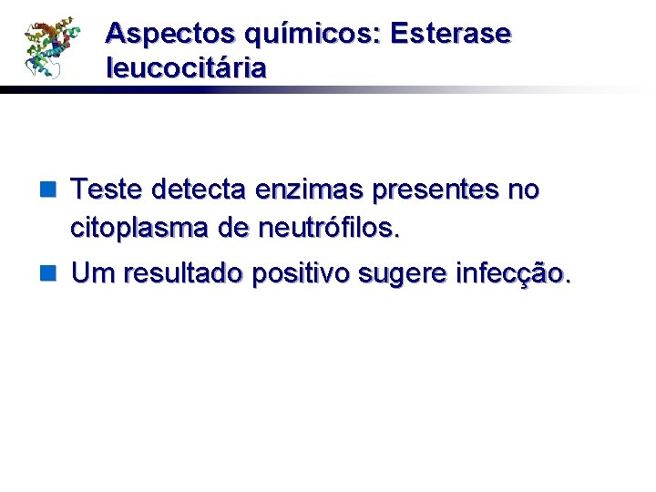 Aspectos químicos: Esterase leucocitária n Teste detecta enzimas presentes no citoplasma de neutrófilos. n