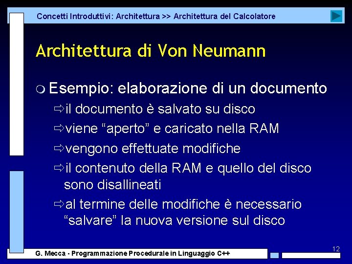 Concetti Introduttivi: Architettura >> Architettura del Calcolatore Architettura di Von Neumann m Esempio: elaborazione