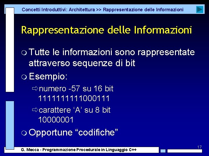 Concetti Introduttivi: Architettura >> Rappresentazione delle Informazioni m Tutte le informazioni sono rappresentate attraverso