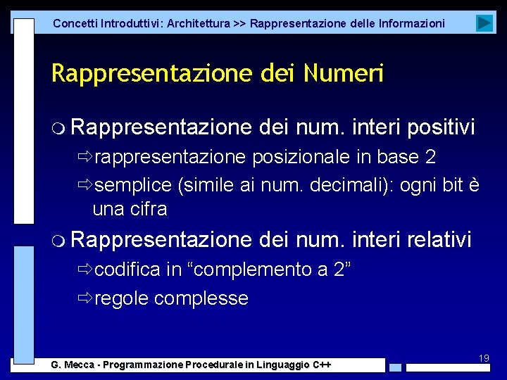 Concetti Introduttivi: Architettura >> Rappresentazione delle Informazioni Rappresentazione dei Numeri m Rappresentazione dei num.