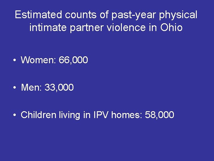 Estimated counts of past-year physical intimate partner violence in Ohio • Women: 66, 000