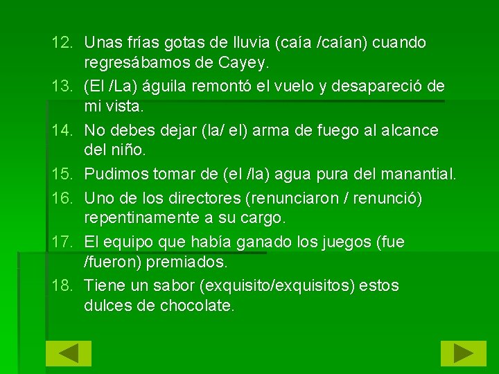 12. Unas frías gotas de lluvia (caía /caían) cuando regresábamos de Cayey. 13. (El