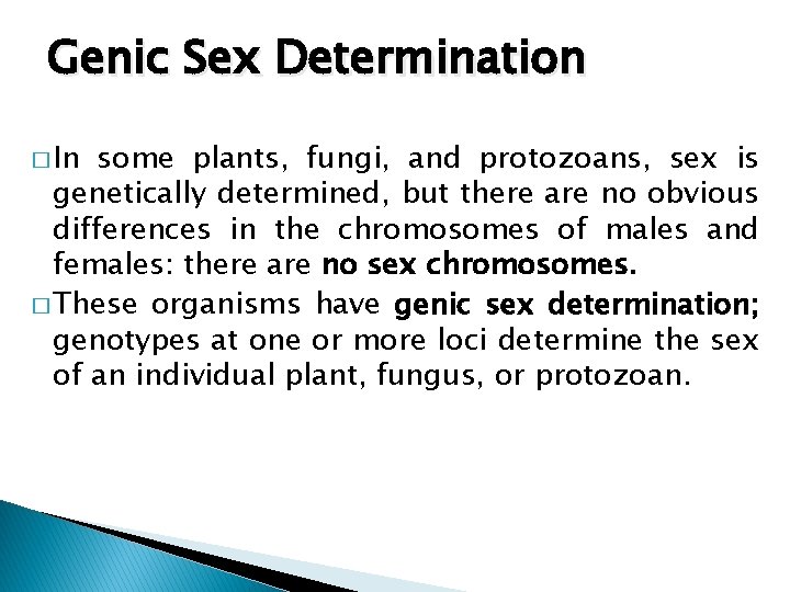 Genic Sex Determination � In some plants, fungi, and protozoans, sex is genetically determined,