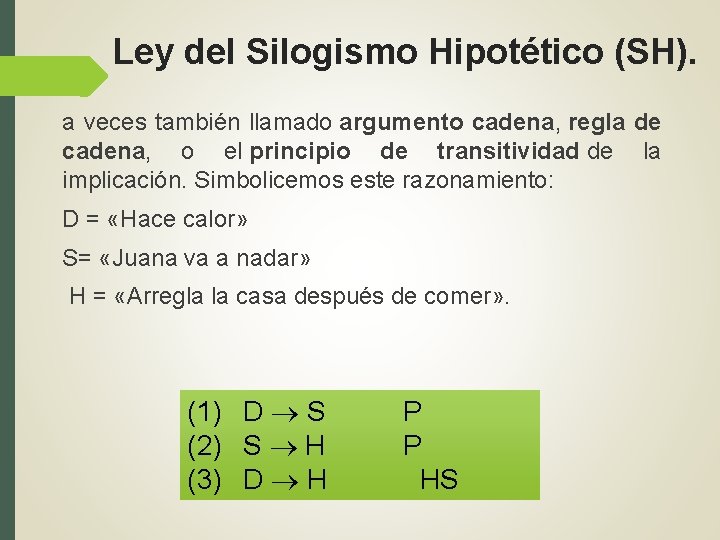 Ley del Silogismo Hipotético (SH). a veces también llamado argumento cadena, regla de cadena, Ley del Silogismo Hipotético (SH). a veces también llamado argumento cadena, regla de cadena,