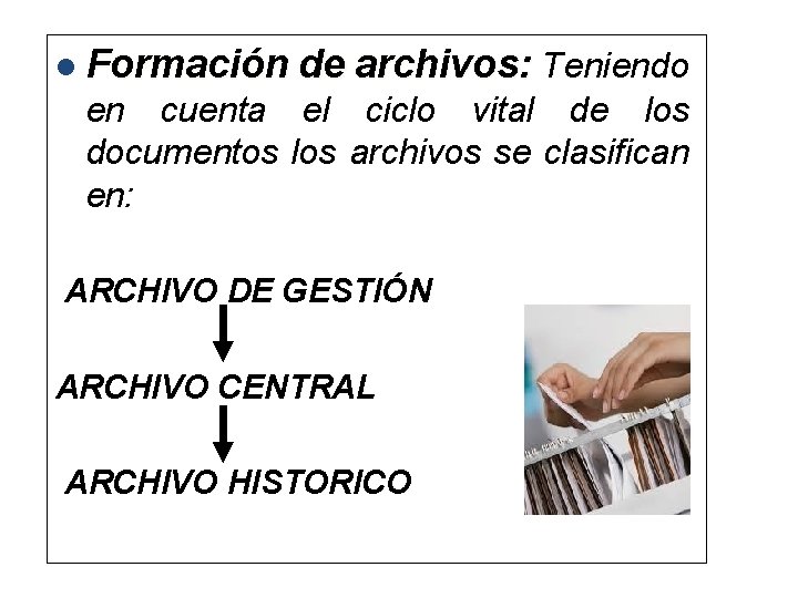 l Formación de archivos: Teniendo en cuenta el ciclo vital de los documentos los