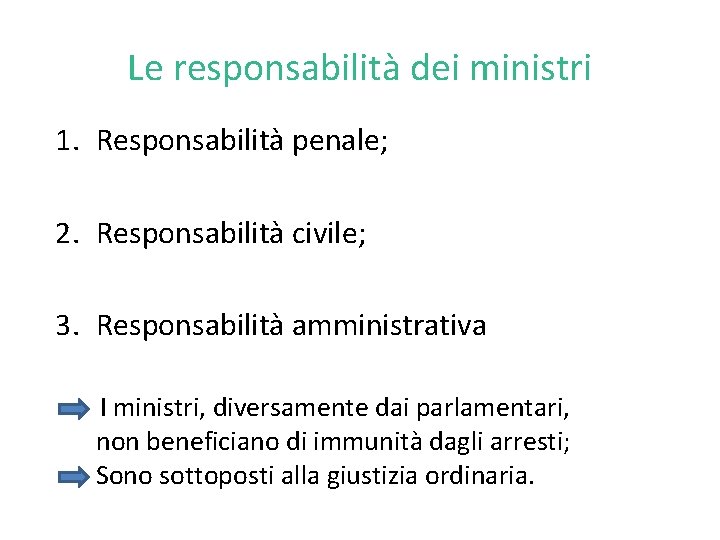 Le responsabilità dei ministri 1. Responsabilità penale; 2. Responsabilità civile; 3. Responsabilità amministrativa I