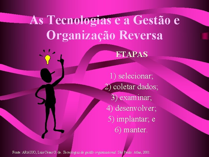 As Tecnologias e a Gestão e Organização Reversa ETAPAS 1) selecionar; 2) coletar dados;