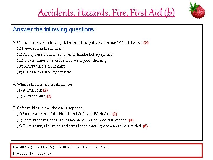 Accidents, Hazards, Fire, First Aid (b) Answer the following questions: 5. Cross or tick