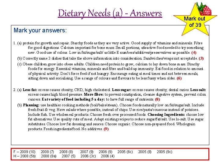 Dietary Needs (a) - Answers Mark your answers: Mark out of 39 1. (a)