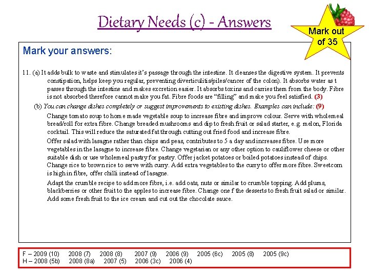 Dietary Needs (c) - Answers Mark your answers: Mark out of 35 11. (a)