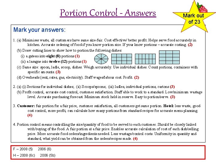 Portion Control - Answers Mark out of 23 Mark your answers: 1. (a) Minimises