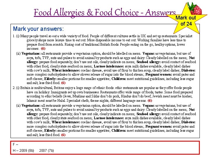 Food Allergies & Food Choice - Answers. Mark out Mark your answers: of 24