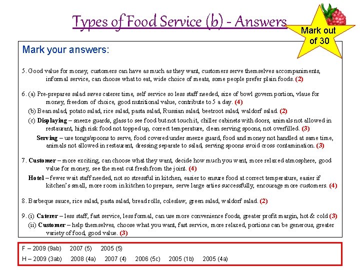 Types of Food Service (b) - Answers Mark your answers: Mark out of 30