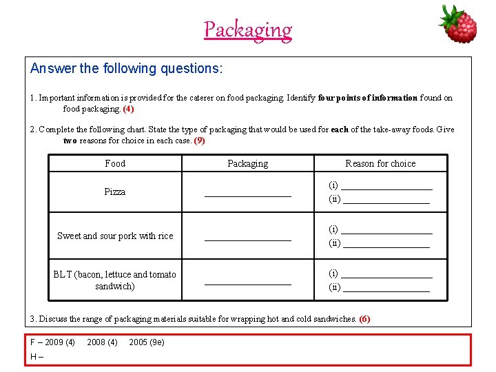 Packaging Answer the following questions: 1. Important information is provided for the caterer on